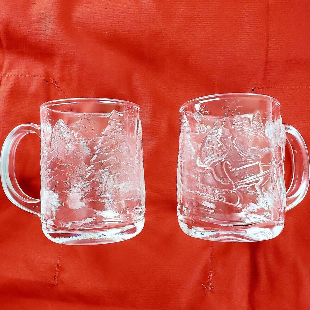 Luminarc USA Horse Drawn Sleigh Clear Glass Mugs Hot‎ Chocolate Christmas Cup
